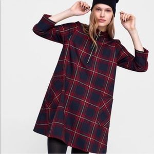 Zara Basic Plaid Zipper Shift Dress, Red/Navy Blue